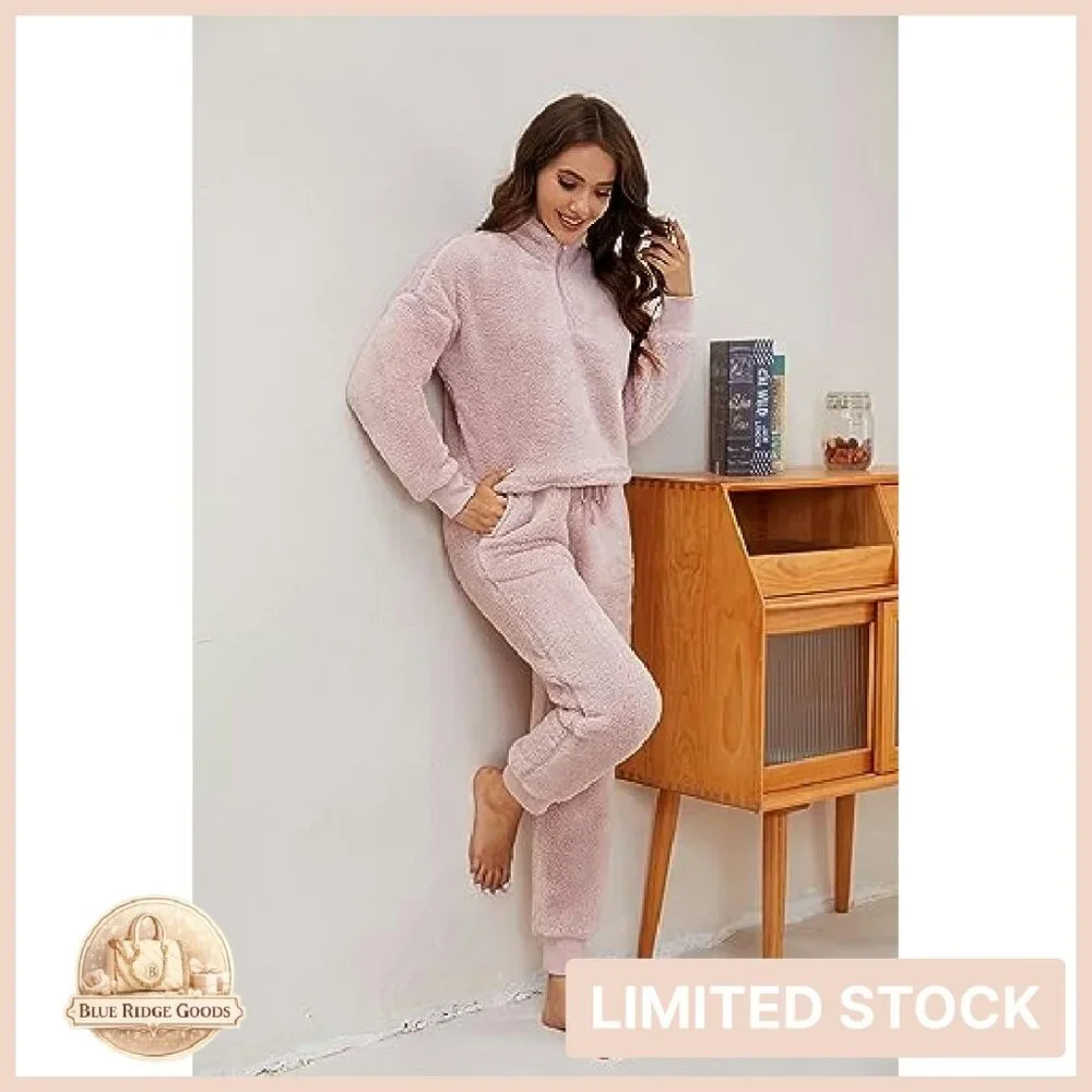 Cozy Fleece Pajama Set Zip-Up Hoodie Lounge Pants Warm Sleepwear